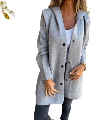 Casual Single Breasted Hooded Jacket,Lapel Neck Long Sleeve Solid Color Trench Coat for Women,Winter Button Up Long Overcoat