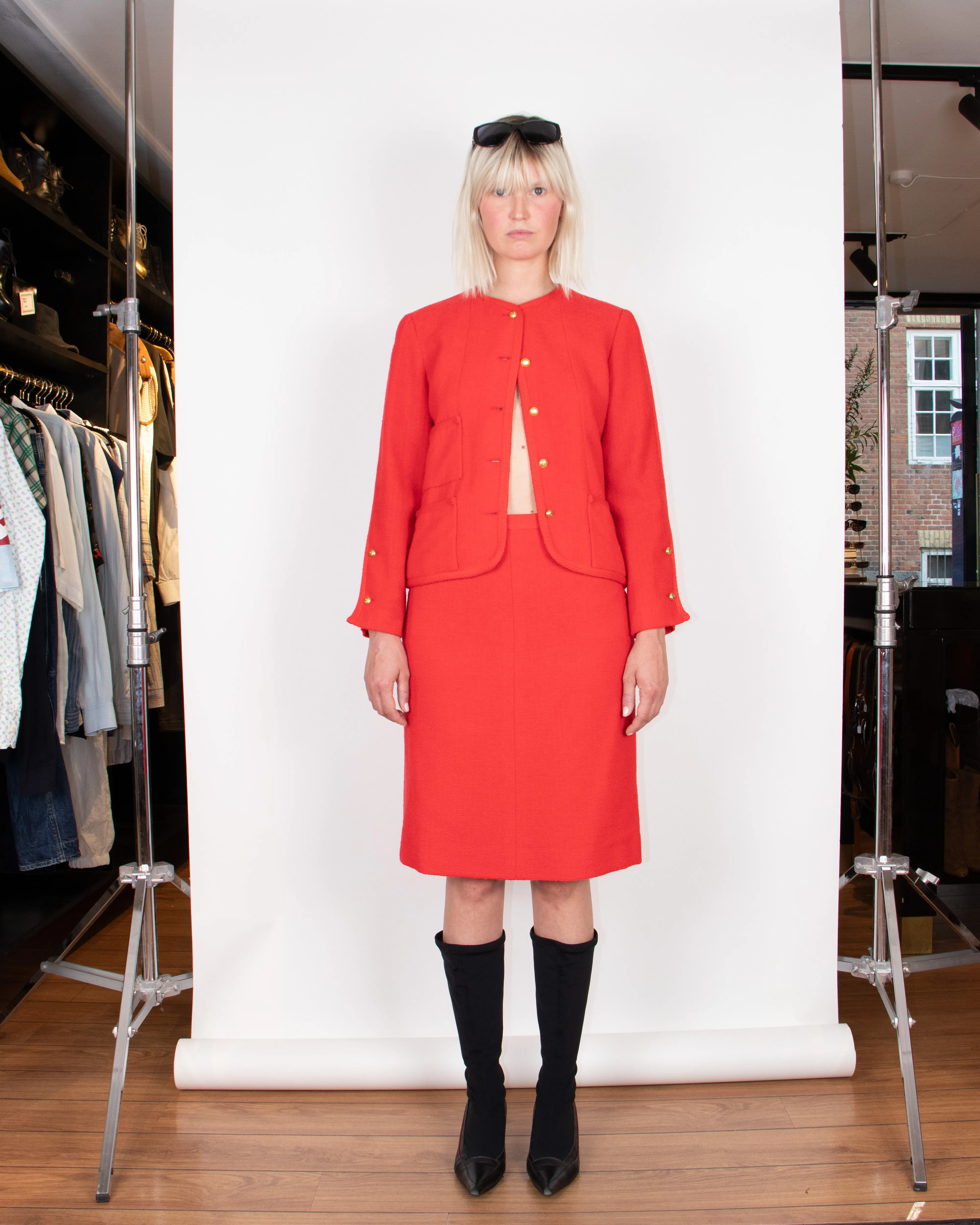 Chanel 1970s Red Bouclè Skirt Suit S