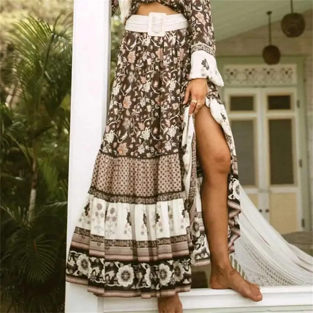 Chic Skirt Womens Rayon Floral Print Summer Long Skirts for Women Elastic Waist Bohemian Style