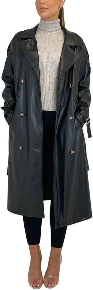 chouyatou Women's Faux Leather Trench Coat Lapel Double Breasted Pu Leather Long Jacket with Belt