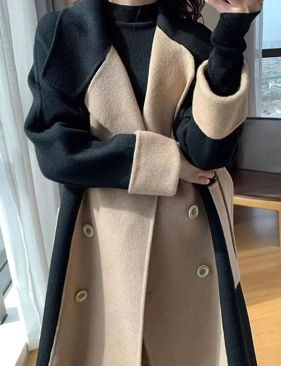 chouyatou Women's Winter Double Breasted Wool Trench Coat Color Block Notch Lapel Long Wool Pea Coat with Belt