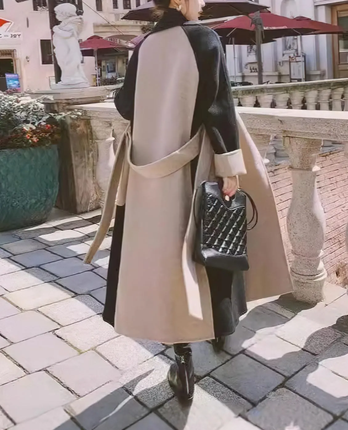 chouyatou Women's Winter Double Breasted Wool Trench Coat Color Block Notch Lapel Long Wool Pea Coat with Belt
