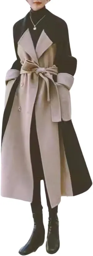 chouyatou Women's Winter Double Breasted Wool Trench Coat Color Block Notch Lapel Long Wool Pea Coat with Belt