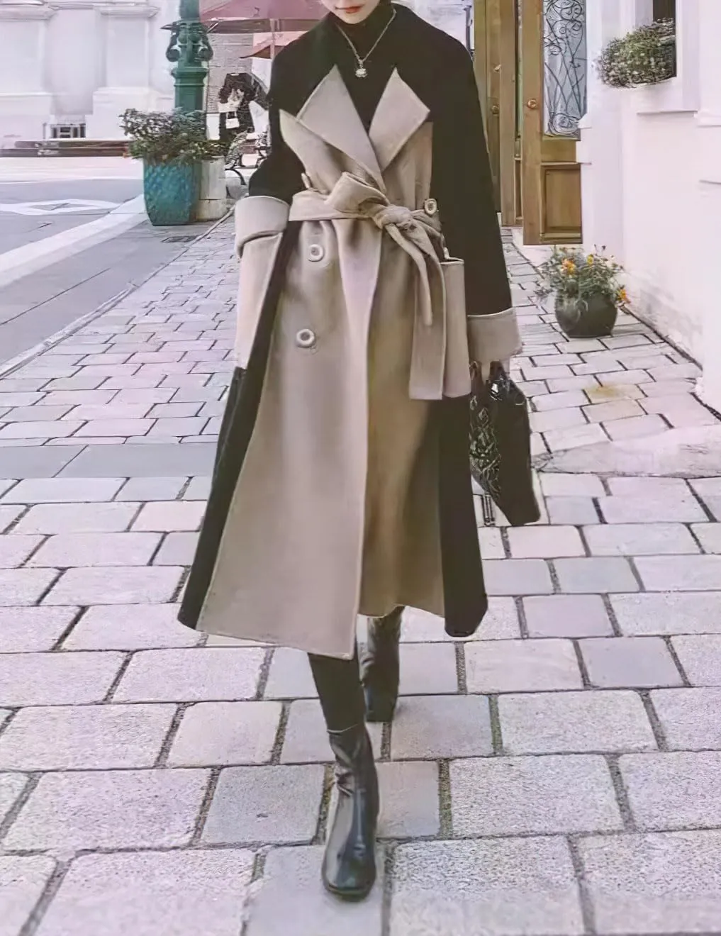chouyatou Women's Winter Double Breasted Wool Trench Coat Color Block Notch Lapel Long Wool Pea Coat with Belt