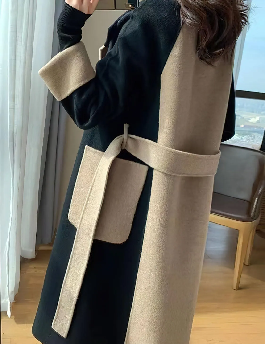 chouyatou Women's Winter Double Breasted Wool Trench Coat Color Block Notch Lapel Long Wool Pea Coat with Belt
