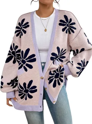chouyatou Women's Y2K Daisy Floral Printed Oversized Cardigans Button Down Knitted Cardigan Sweaters with Pockets
