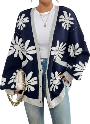 chouyatou Women's Y2K Daisy Floral Printed Oversized Cardigans Button Down Knitted Cardigan Sweaters with Pockets