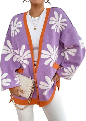 chouyatou Women's Y2K Daisy Floral Printed Oversized Cardigans Button Down Knitted Cardigan Sweaters with Pockets