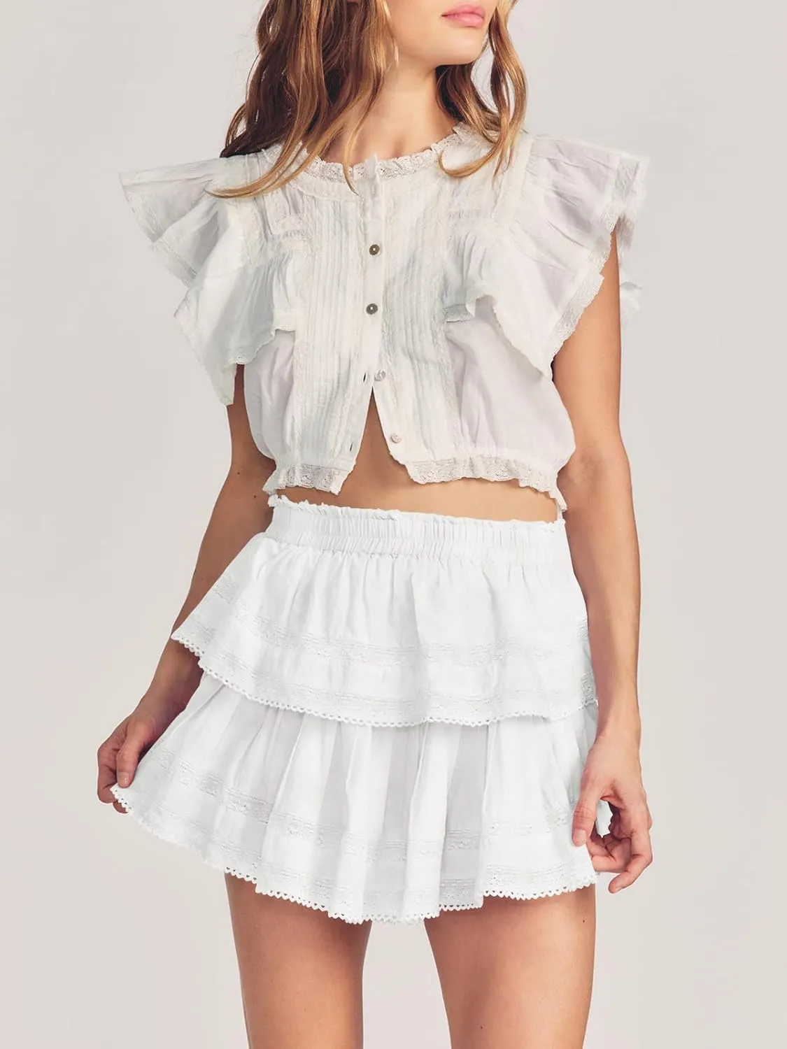 Cicy Bell Womens Lace Mini Skirt Summer Elastic High Waisted Cute Ruffle Layered Casual Swing Beach Skorts
