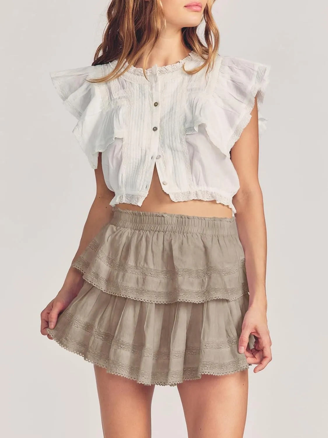 Cicy Bell Womens Lace Mini Skirt Summer Elastic High Waisted Cute Ruffle Layered Casual Swing Beach Skorts
