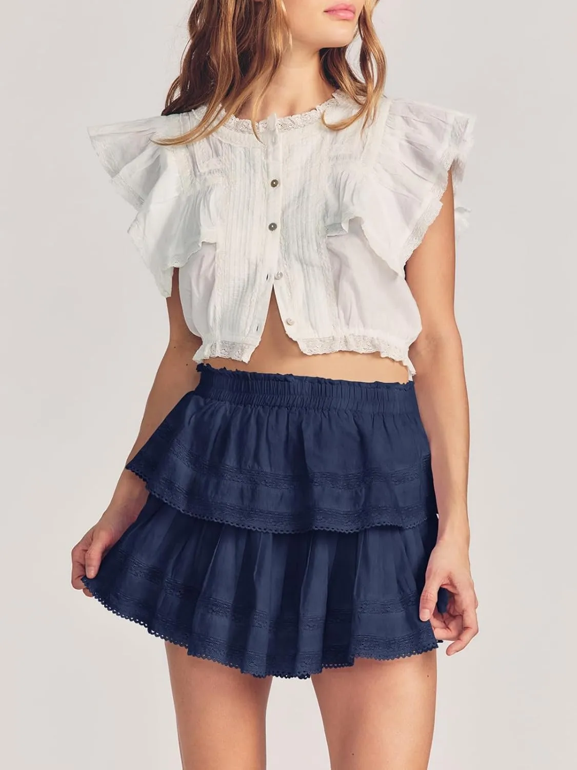 Cicy Bell Womens Lace Mini Skirt Summer Elastic High Waisted Cute Ruffle Layered Casual Swing Beach Skorts