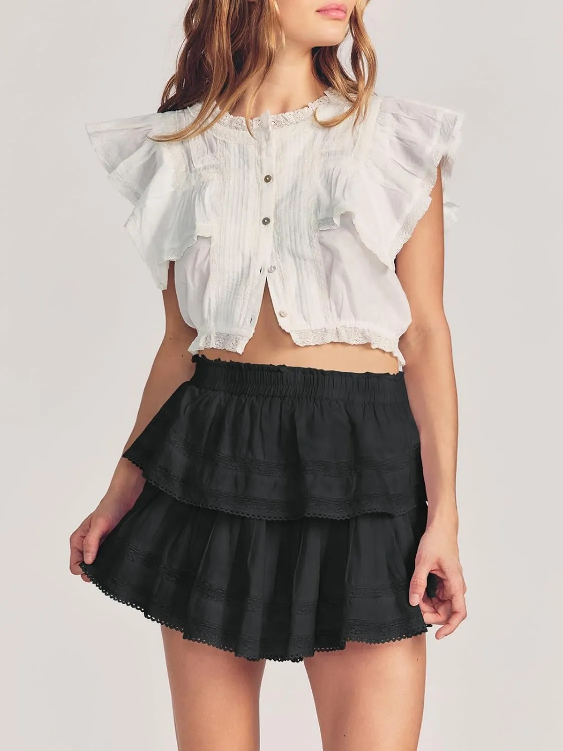 Cicy Bell Womens Lace Mini Skirt Summer Elastic High Waisted Cute Ruffle Layered Casual Swing Beach Skorts