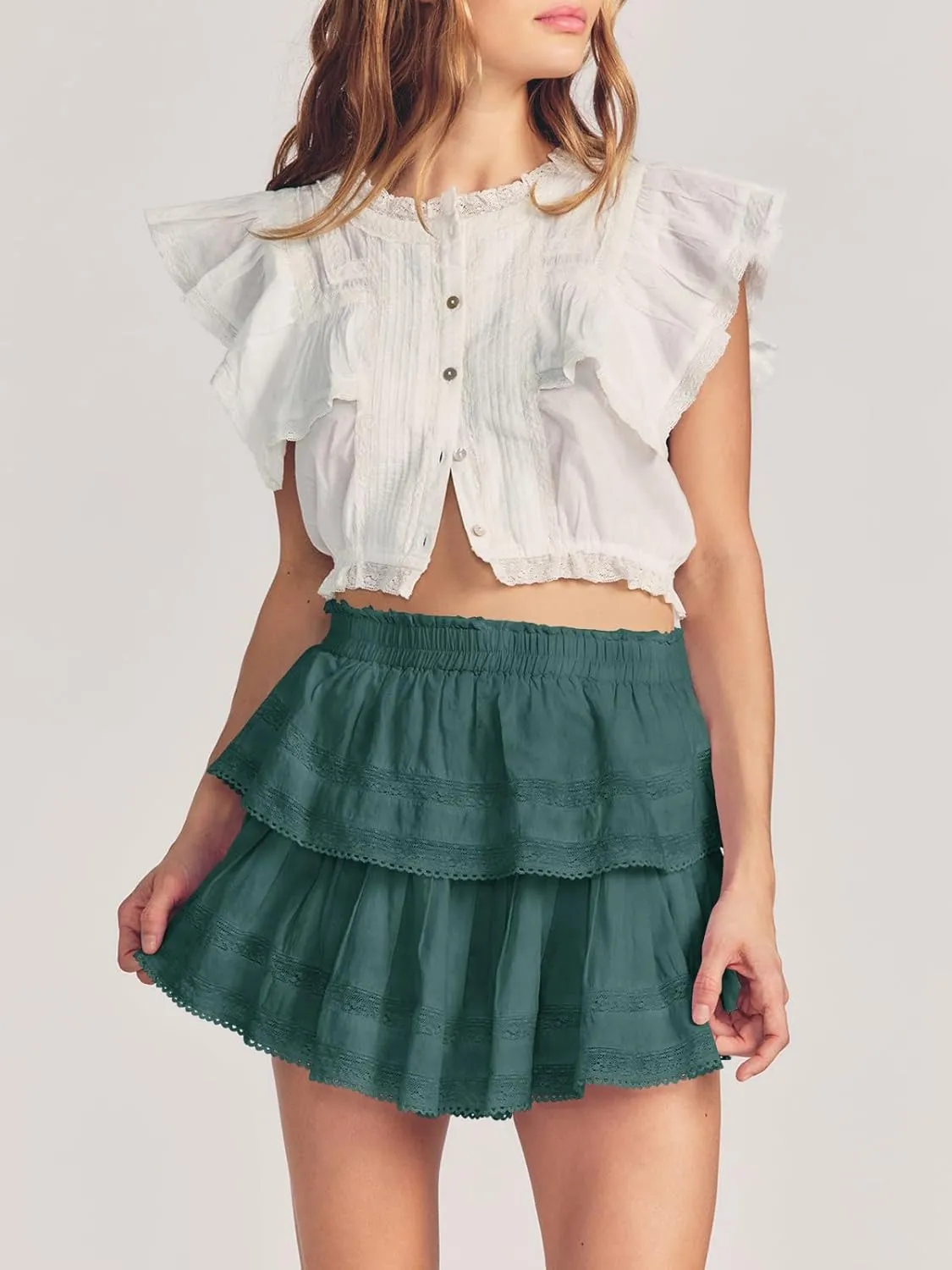 Cicy Bell Womens Lace Mini Skirt Summer Elastic High Waisted Cute Ruffle Layered Casual Swing Beach Skorts
