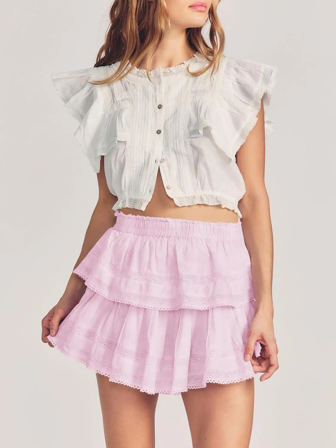 Cicy Bell Womens Lace Mini Skirt Summer Elastic High Waisted Cute Ruffle Layered Casual Swing Beach Skorts