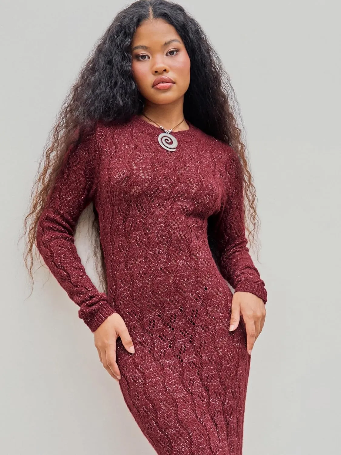 CIDER Burgundy Dress for Women Long Sweater Dresses Mesh Hollow Out Long Sleeve Crew Neck Maxi Winter Dress 2025