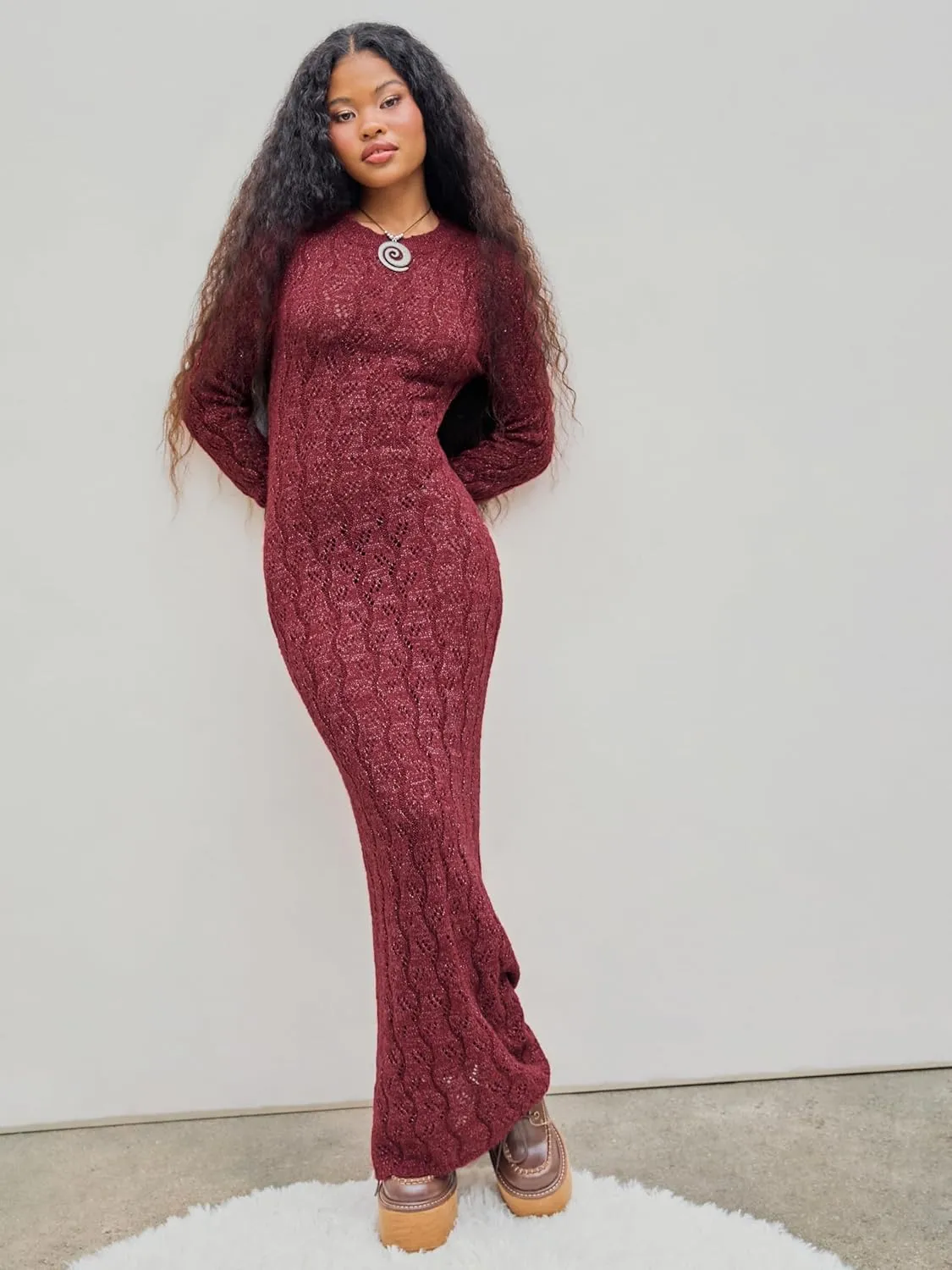 CIDER Burgundy Dress for Women Long Sweater Dresses Mesh Hollow Out Long Sleeve Crew Neck Maxi Winter Dress 2025