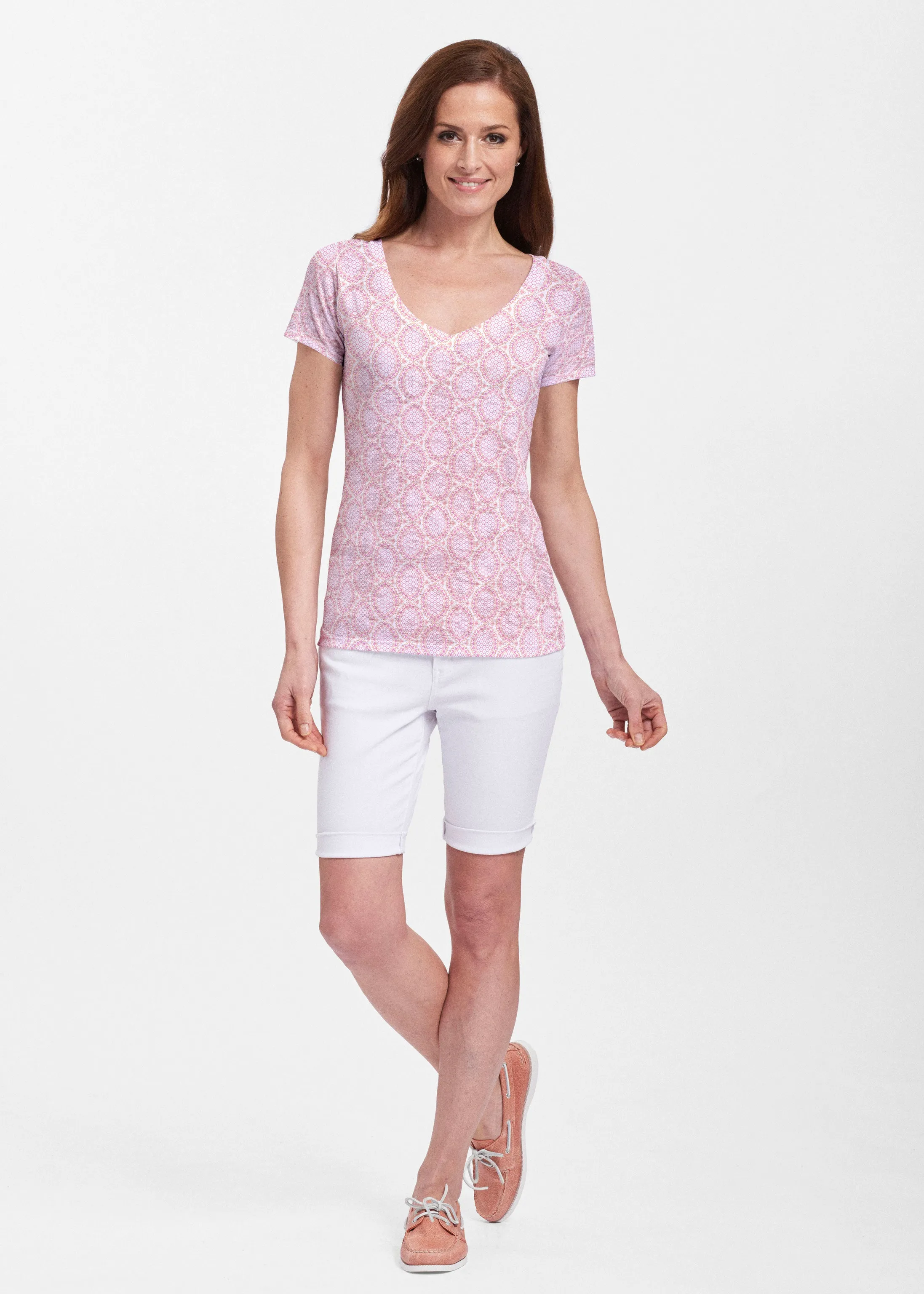 Coastal Lace Pink (7757) ~ Sheer Short Sleeve V-Neck Shirt