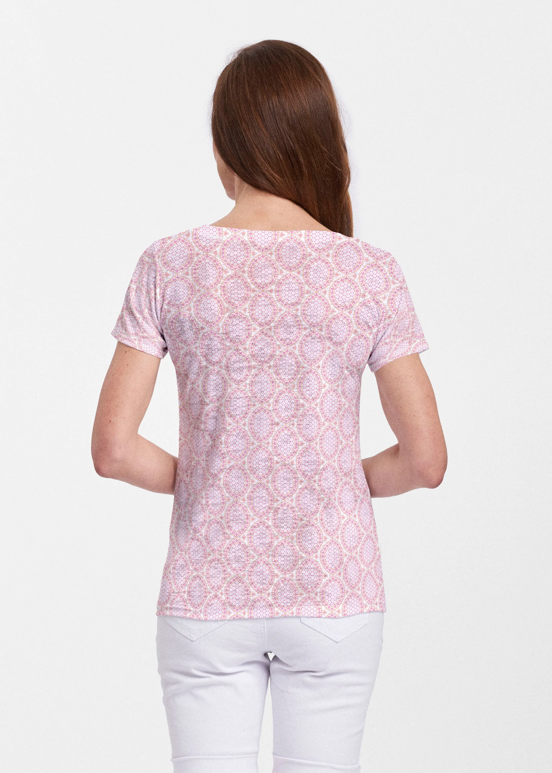 Coastal Lace Pink (7757) ~ Sheer Short Sleeve V-Neck Shirt