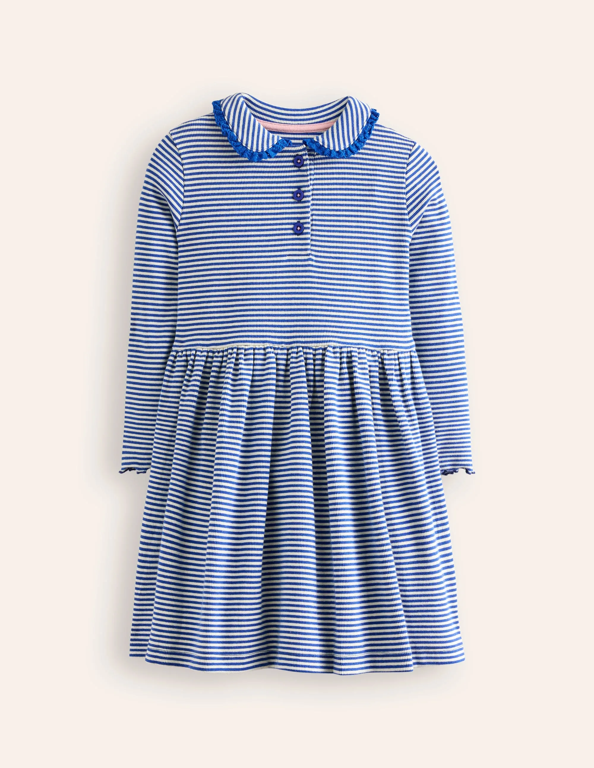 Collared Rib Twirly Dress-Bluejay/ Ivory Stripe