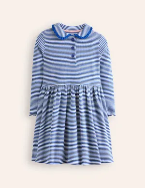 Collared Rib Twirly Dress-Bluejay/ Ivory Stripe