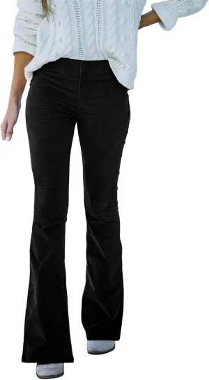 Corduroy Flare Pants Women Elastic High Waist Bell Bottom Trousers Vintage Slim Fit Pants Trouser with Pockets