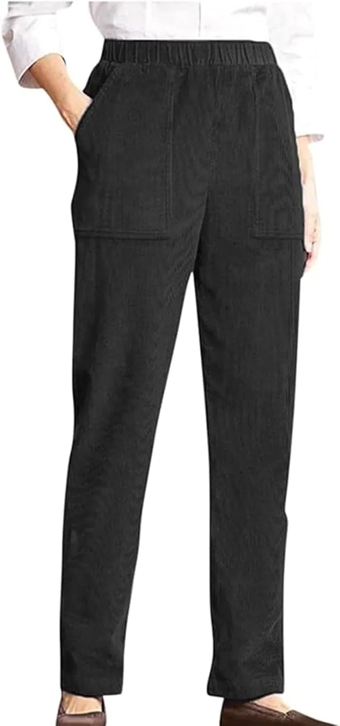 Corduroy Pants for Women Elastic High Waist Pull On Straight Leg Slacks Casual Fall Trousers with Pockets