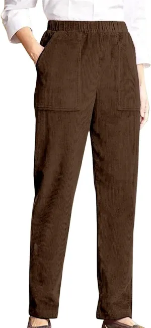 Corduroy Pants for Women Elastic High Waist Pull On Straight Leg Slacks Casual Fall Trousers with Pockets