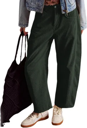 Corduroys Harem Pants for Women Vintage Elastic Waist Mid Rise Pants Loose Fit Cropped Baggy Trousers with Pockets
