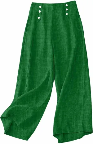 Cotton Linen Pant for Women Summer Casual Wide Leg High Waisted Trouser Drawstring Elastic Waist Pants with Pockets