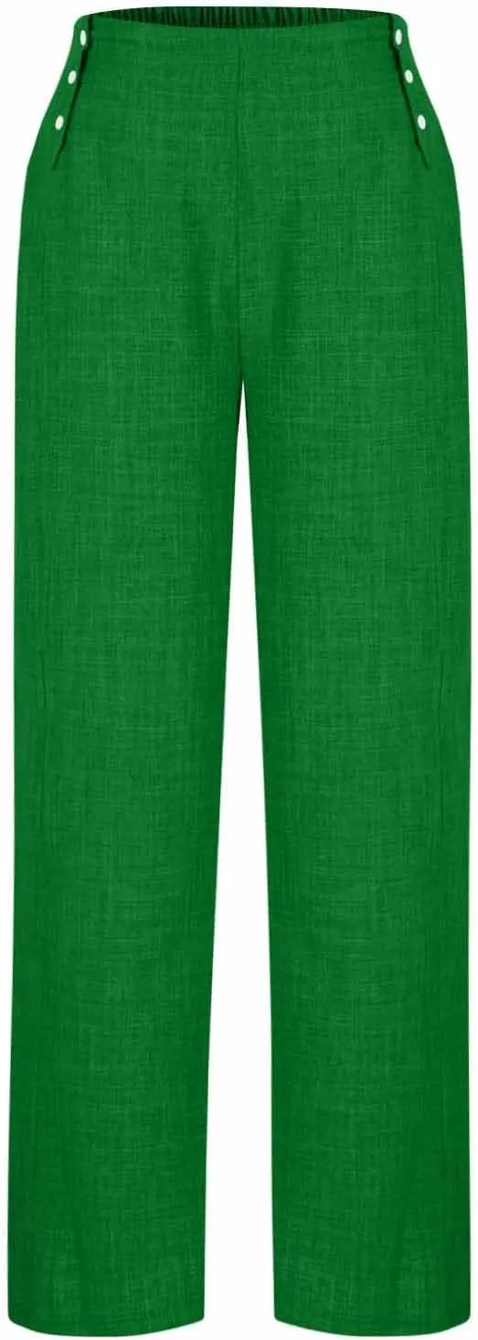 Cotton Linen Pant for Women Summer Casual Wide Leg High Waisted Trouser Drawstring Elastic Waist Pants with Pockets