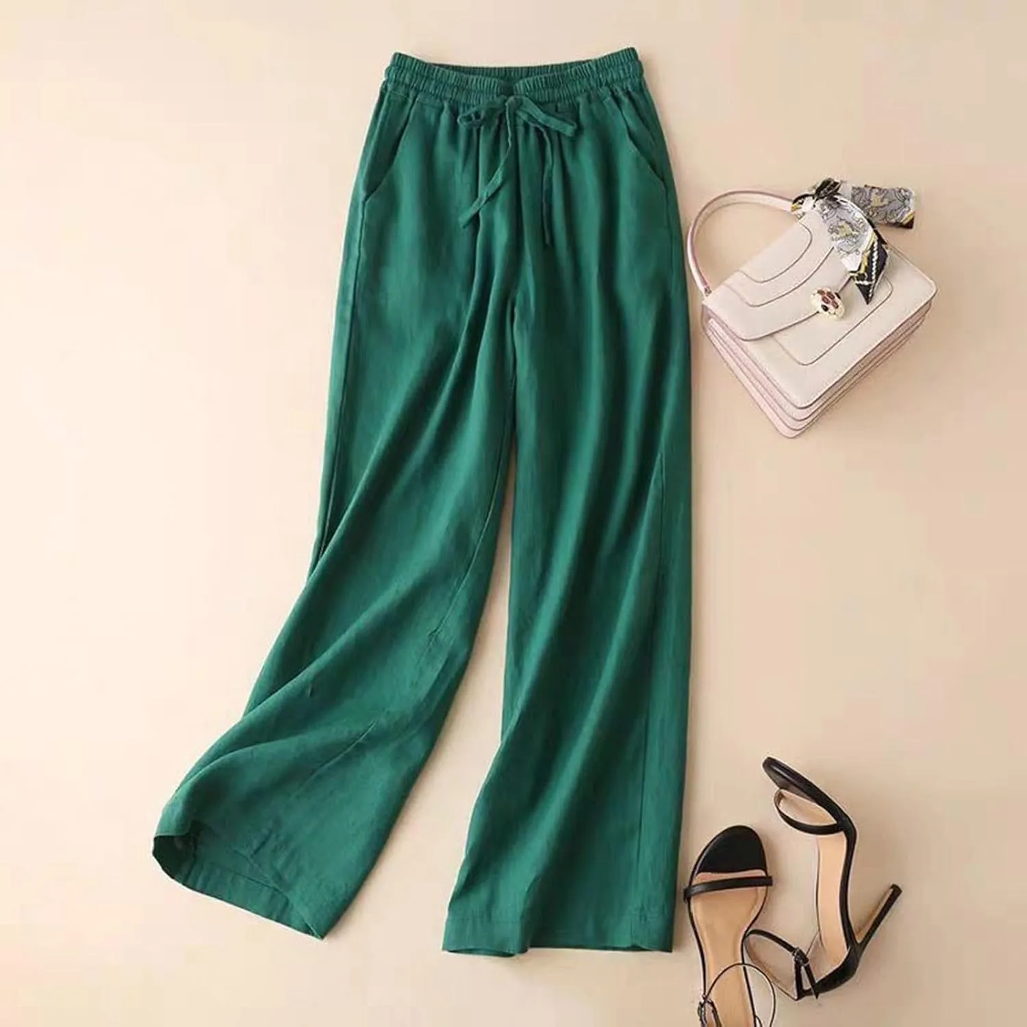 Cotton Linen Pants for Women Loose Fit Wide Leg Drawstring Elastic Waisted Summer Plus Size Casual Straight Pants Trousers