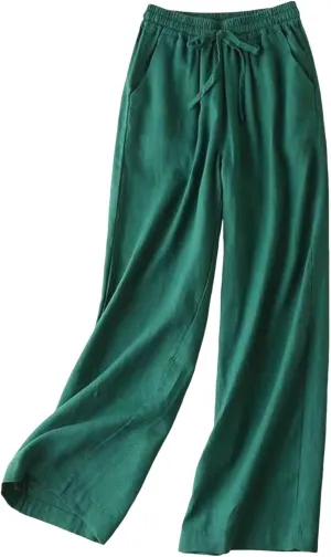 Cotton Linen Pants for Women Loose Fit Wide Leg Drawstring Elastic Waisted Summer Plus Size Casual Straight Pants Trousers
