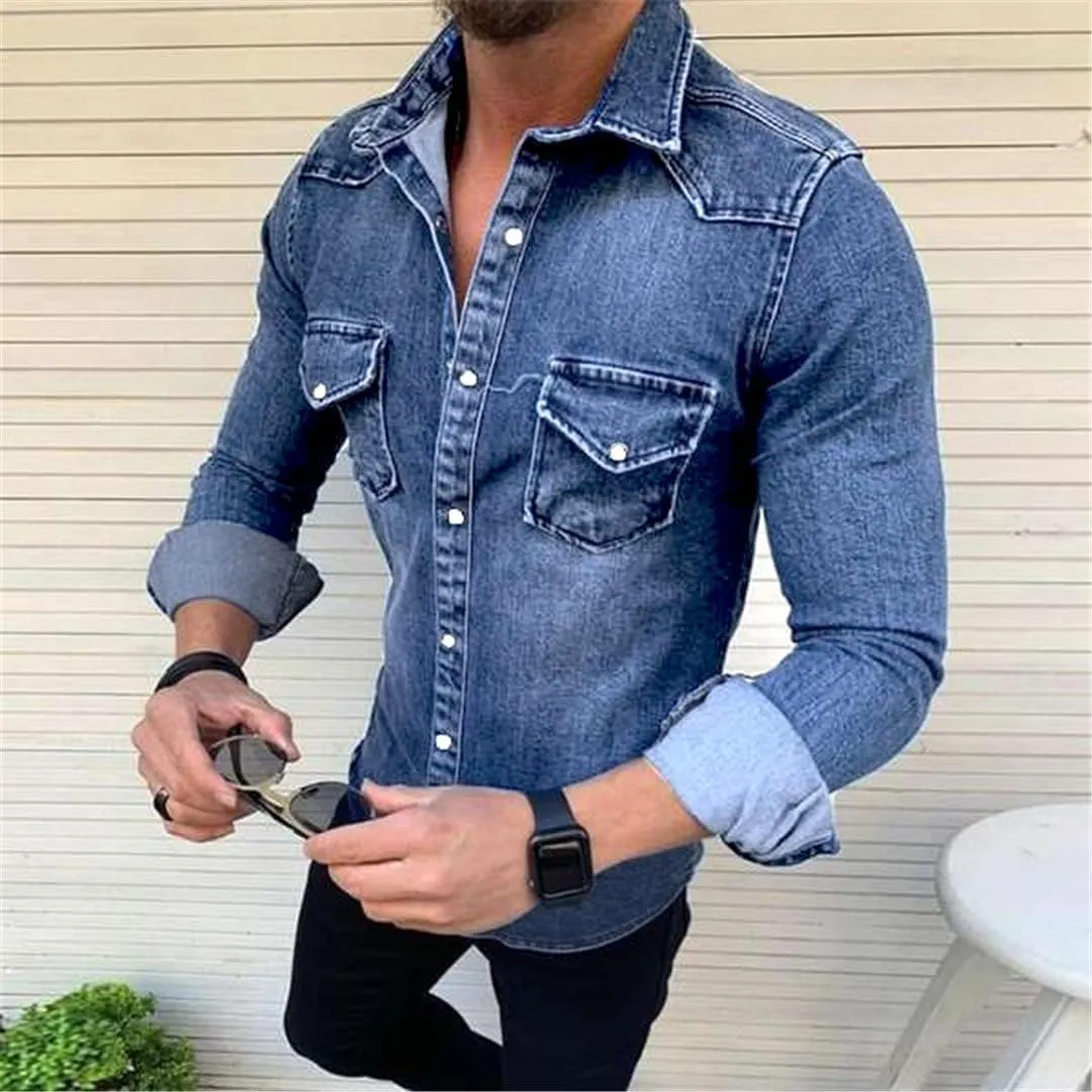 Cowboy Men Shirt Vintage Tops European and American Simple Long-Sleeved Denim Shirts Fashion Plus Size Jackets