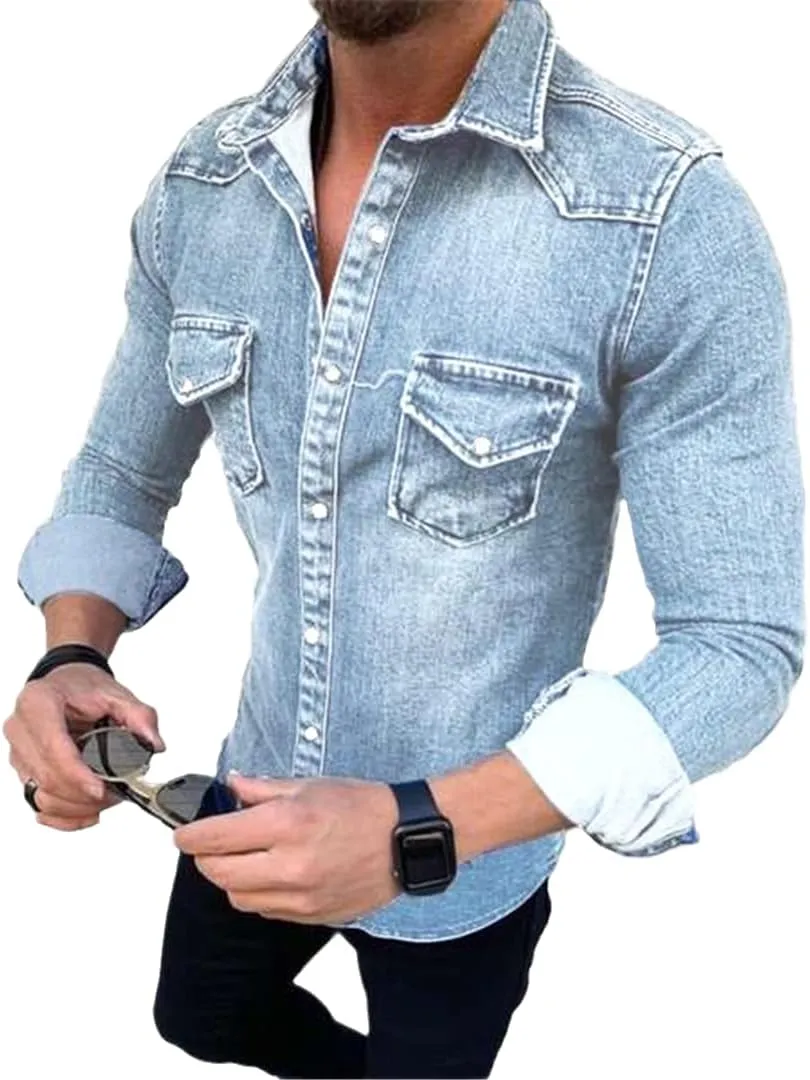 Cowboy Men Shirt Vintage Tops European and American Simple Long-Sleeved Denim Shirts Fashion Plus Size Jackets