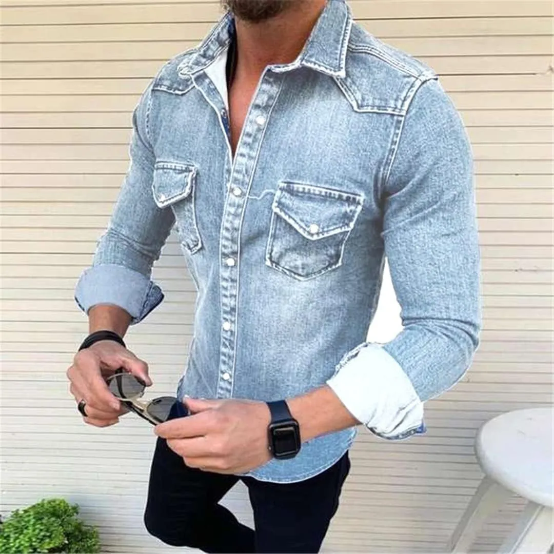 Cowboy Men Shirt Vintage Tops European and American Simple Long-Sleeved Denim Shirts Fashion Plus Size Jackets