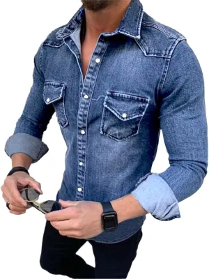 Cowboy Men Shirt Vintage Tops European and American Simple Long-Sleeved Denim Shirts Fashion Plus Size Jackets
