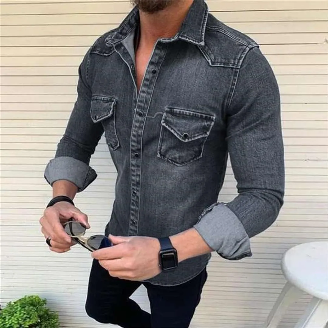 Cowboy Men Shirt Vintage Tops European and American Simple Long-Sleeved Denim Shirts Fashion Plus Size Jackets