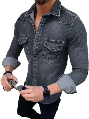 Cowboy Men Shirt Vintage Tops European and American Simple Long-Sleeved Denim Shirts Fashion Plus Size Jackets