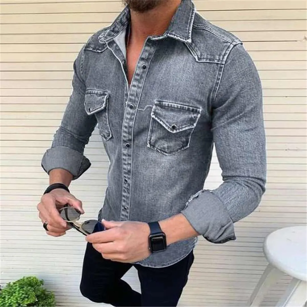 Cowboy Men Shirt Vintage Tops European and American Simple Long-Sleeved Denim Shirts Fashion Plus Size Jackets
