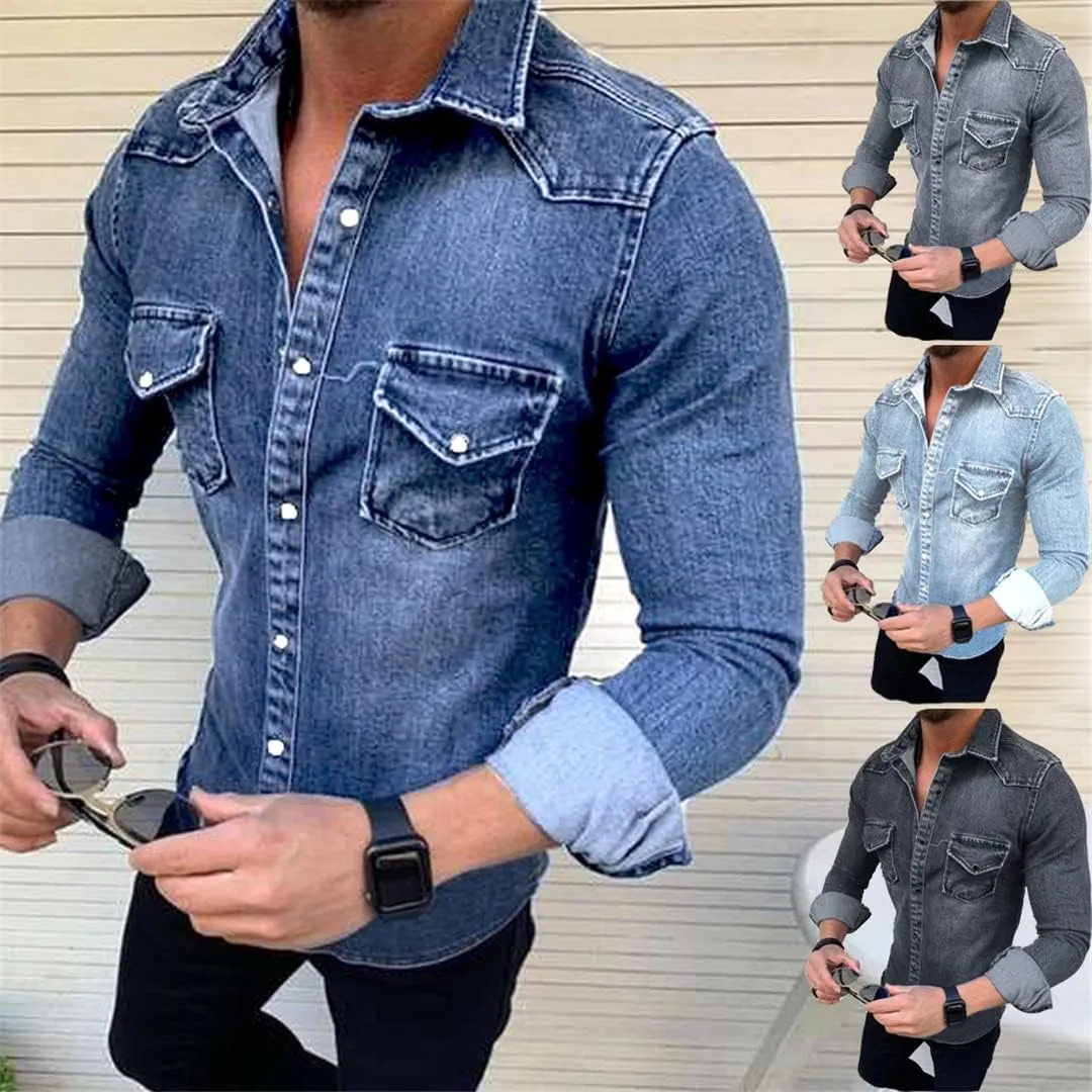 Cowboy Men Shirt Vintage Tops European and American Simple Long-Sleeved Denim Shirts Fashion Plus Size Jackets