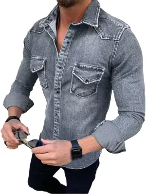 Cowboy Men Shirt Vintage Tops European and American Simple Long-Sleeved Denim Shirts Fashion Plus Size Jackets