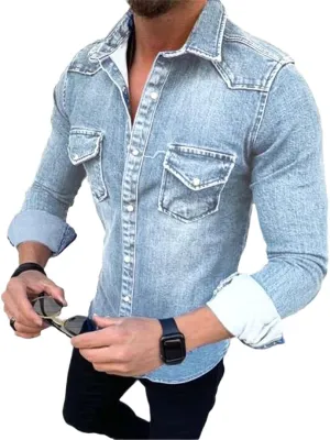 Cowboy Men Shirt Vintage Tops European and American Simple Long-Sleeved Denim Shirts Fashion Plus Size Jackets