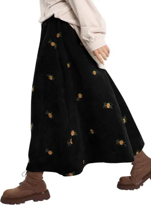 COZYPOIN Womens Corduroy Long Skirt Spring Fall Embroidery Floral A-Line Skirt Vintage Elastic High Waist Ruffle Maxi Skirt