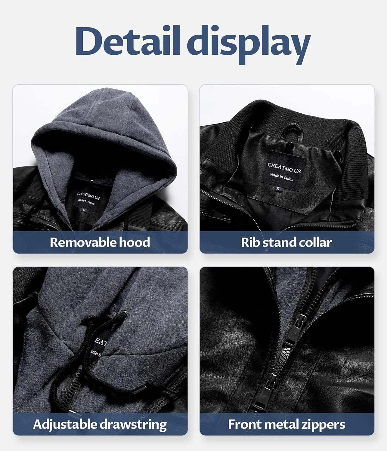 CREATMO US Women's Faux Leather Jacket Waterproof Motorcycle Bomber Jacket Vintage PU Moto Biker Coat With Removable Hood