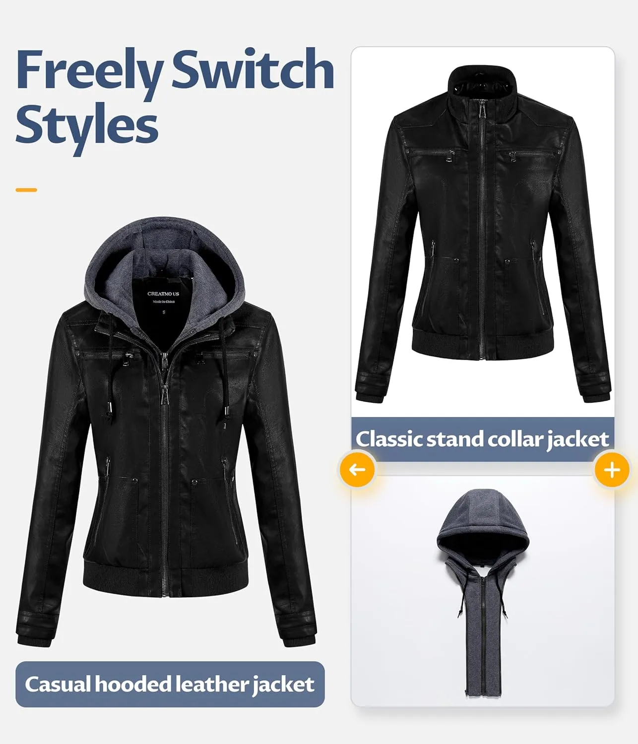 CREATMO US Women's Faux Leather Jacket Waterproof Motorcycle Bomber Jacket Vintage PU Moto Biker Coat With Removable Hood