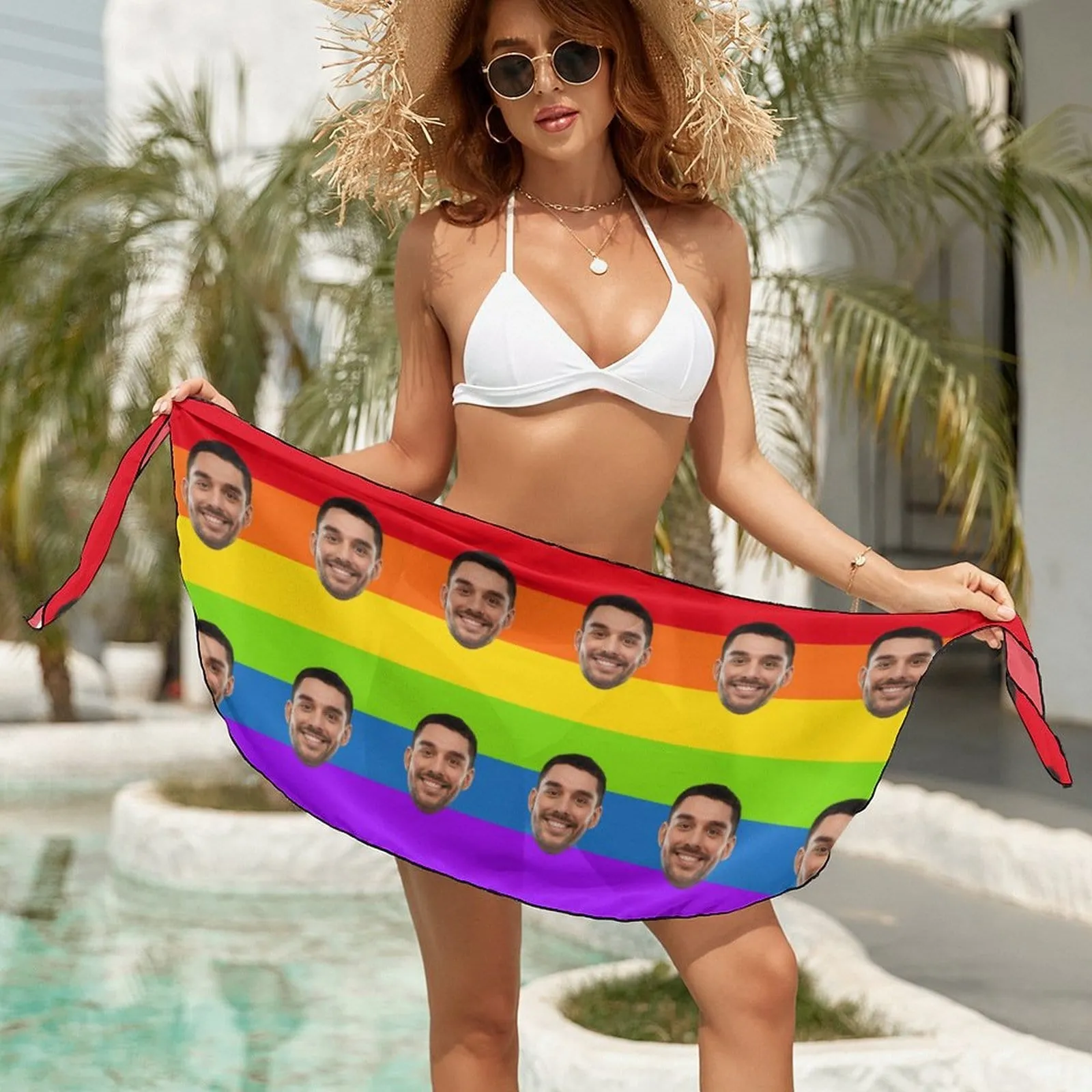 Custom Face Rainbow Swim Bikini Coverup Personalised Short Sarongs Beach Wrap For Women Girls
