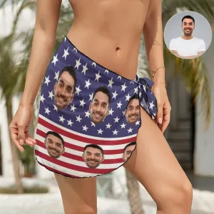 Custom Face USA Flag Swim Bikini Coverup Personalised Short Sarongs Beach Wrap For Women Girls