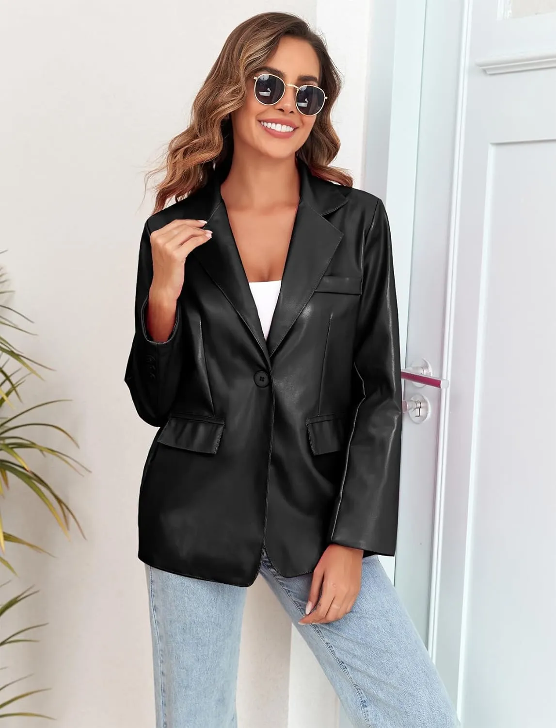CYCLAMEN 2024 Fall Womens Faux Leather Jacket Blazer Motorcycle Coats Winter Outfits Clothes