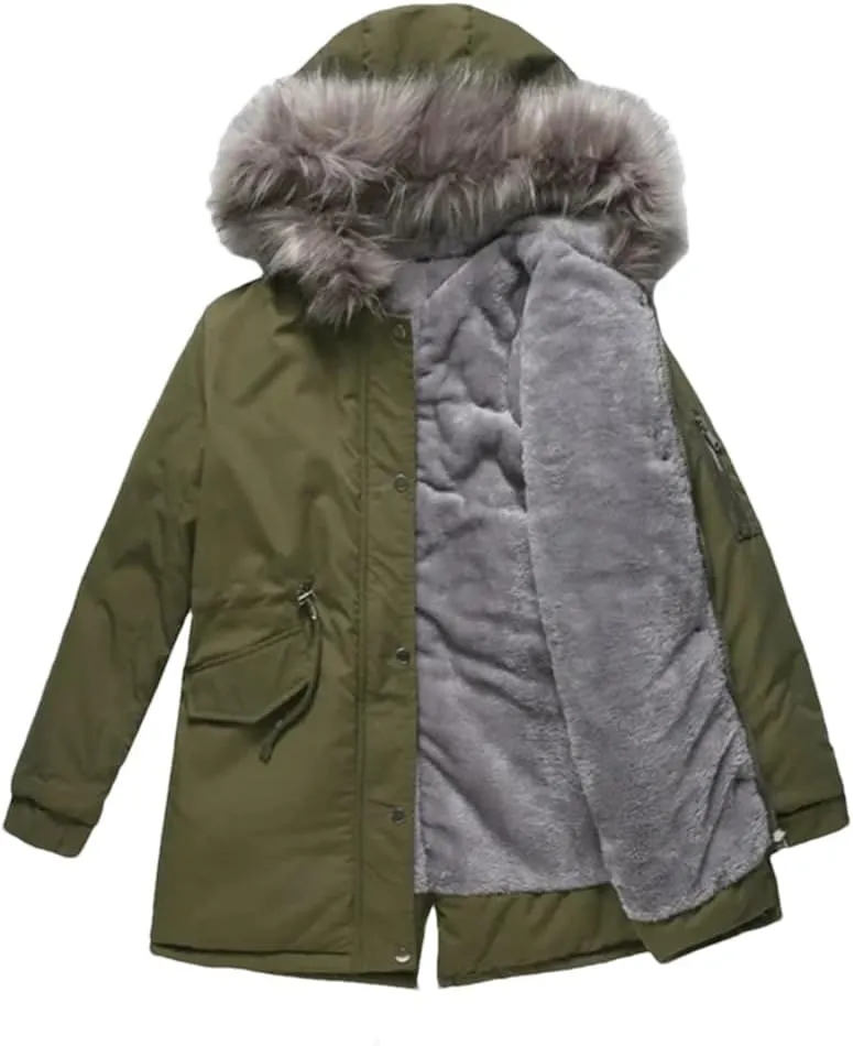 DBFBDTU Women Jacket Padded Coat Middle Length Warm Fleece Hooded Parkas Overcoat