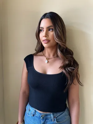 Deep Scoop Back Crop Tank-Black